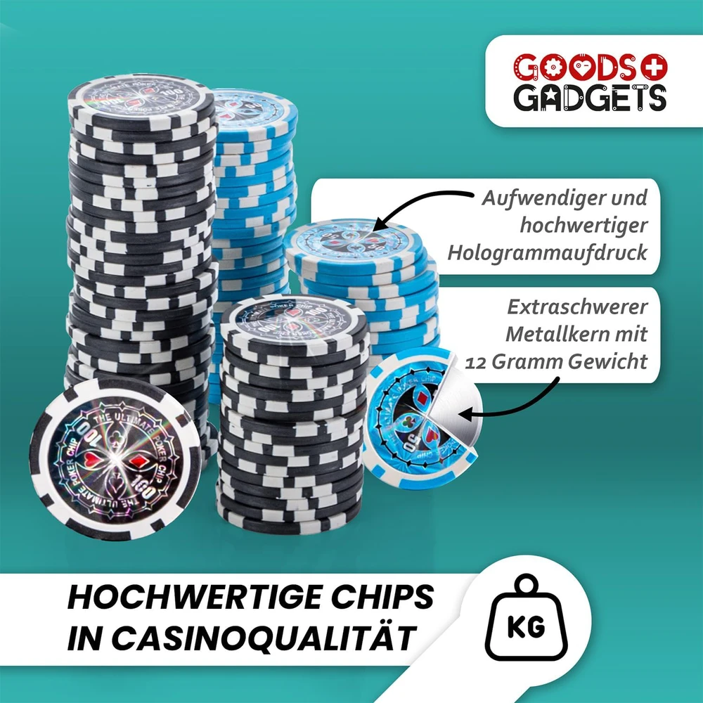 GOODS+GADGETS profesionalus pokerio žetonų rinkinys su aliuminio lagaminu, 300 žetonų, auksinis