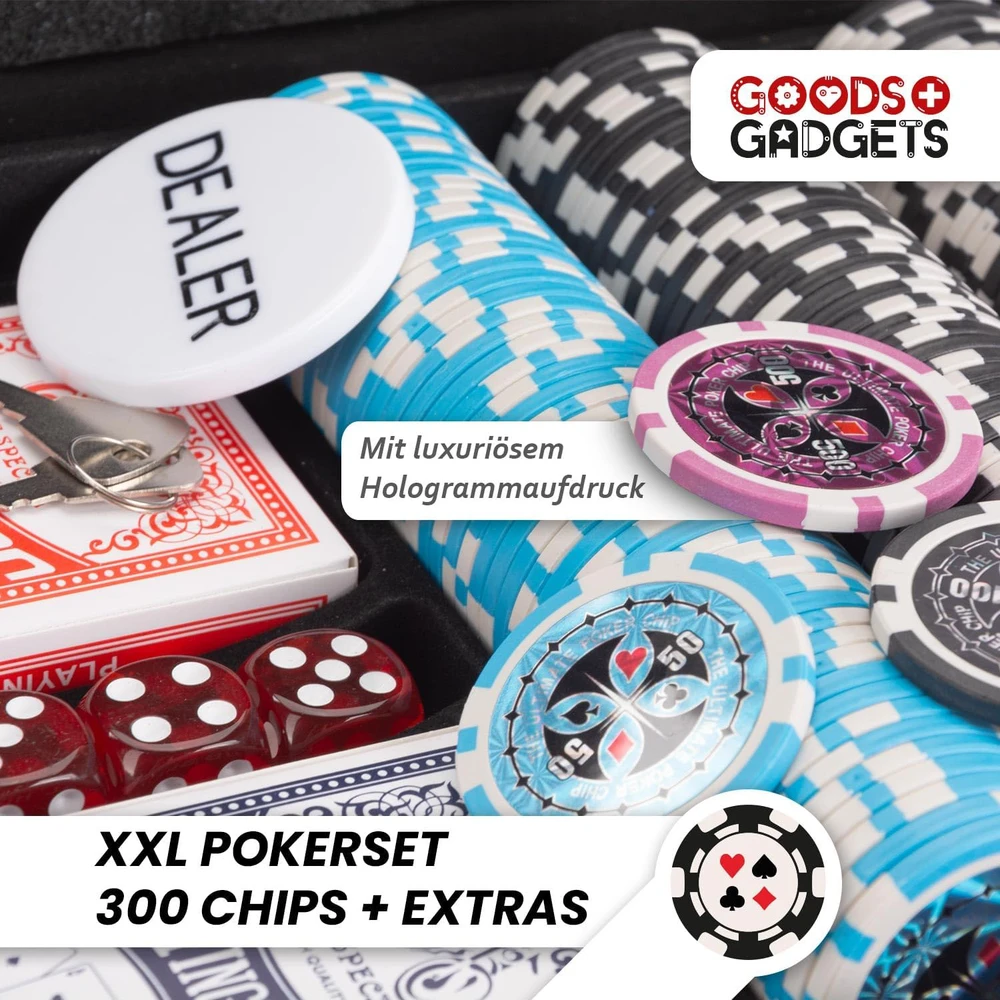 GOODS+GADGETS profesionalus pokerio žetonų rinkinys su aliuminio lagaminu, 300 žetonų, auksinis