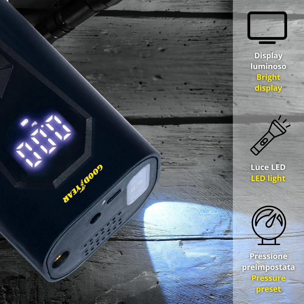Goodyear belaidis nešiojamas oro kompresorius 6000 mAh su LED žibintuvėliu 23985