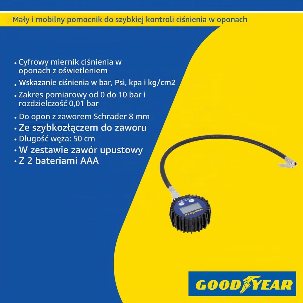 Goodyear skaitmeninis padangų slėgio matuoklis su 50 cm žarna, 0–10 bar, 11124