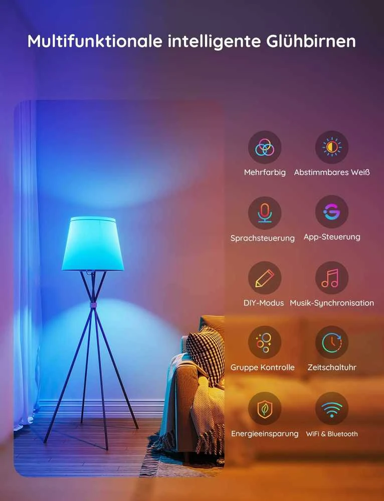 Govee išmaniosios WiFi/Bluetooth LED lemputės E27, 9 W, RGB, 800 lm, 2 vnt., H6008