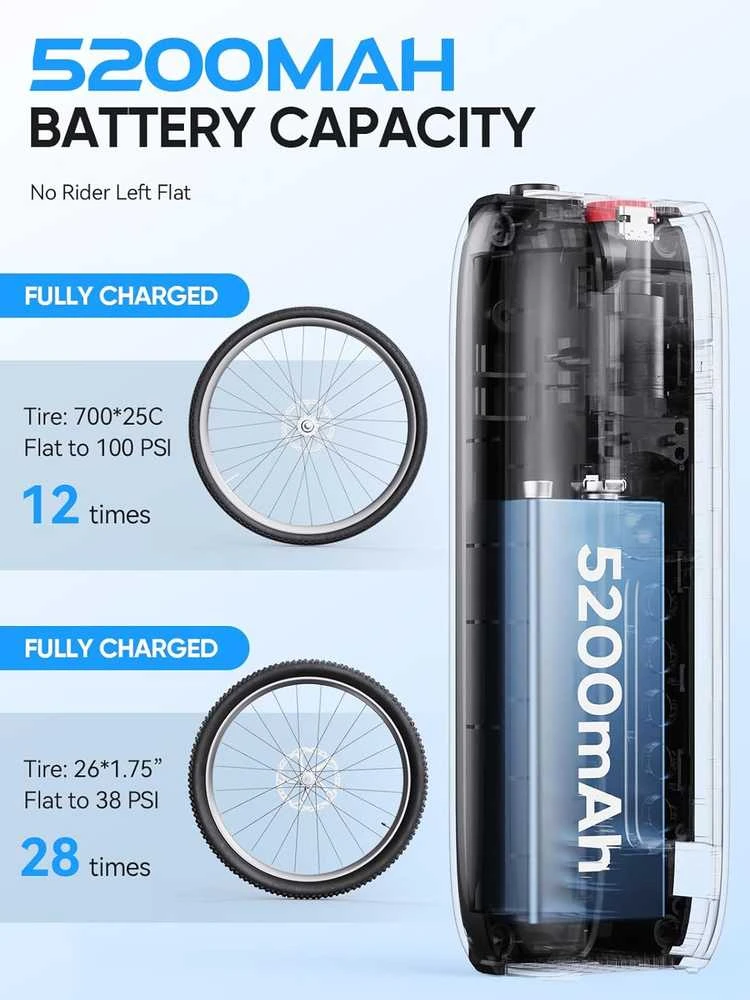 GPUTEK elektrinė dviračio pompa, 150 psi, skaitmeninė, 5200 mAh akumuliatorius, BG02