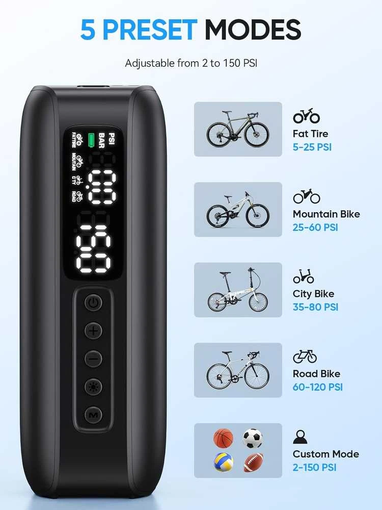 GPUTEK elektrinė dviračio pompa, 150 psi, skaitmeninė, 5200 mAh akumuliatorius, BG02