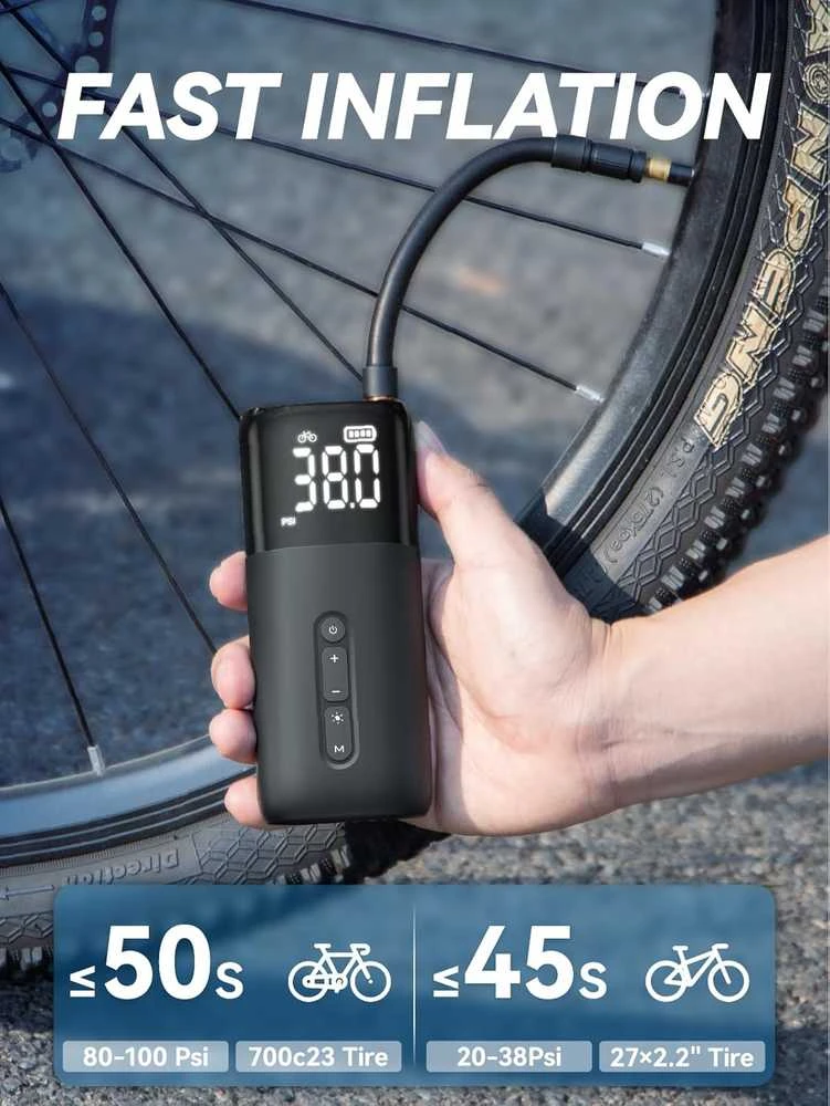 GPUTEK elektrinė dviračio pompa HT10 su skaitmeniniu manometru, 150 PSI, akumuliatorinė, Presta ir Schrader vožtuvams