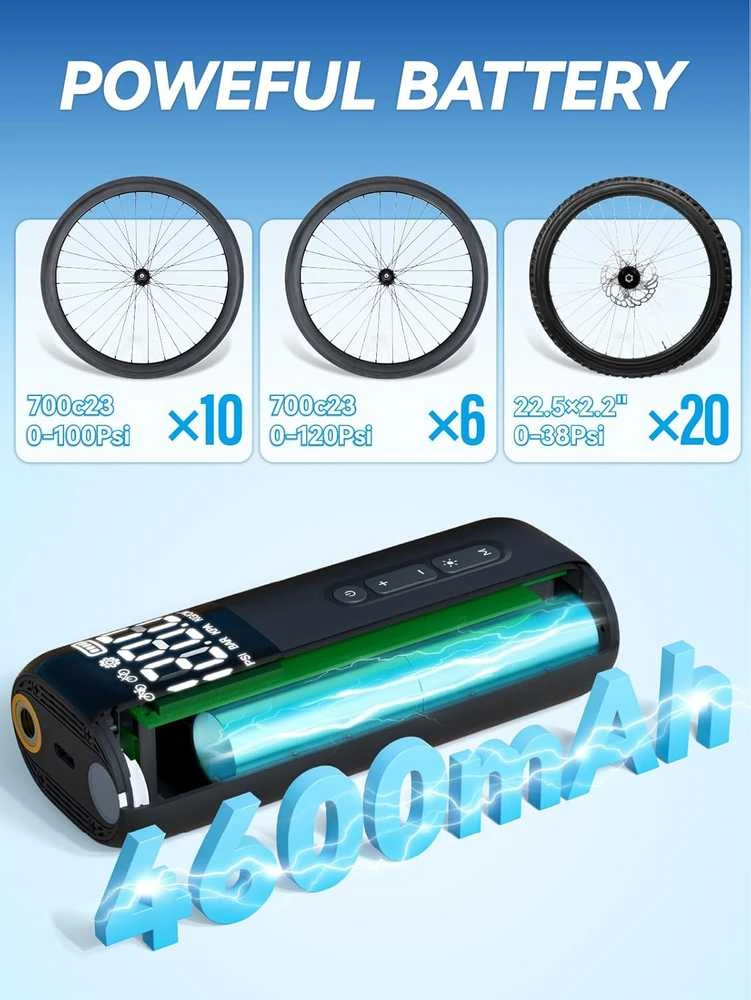 GPUTEK elektrinė dviračio pompa HT10 su skaitmeniniu manometru, 150 PSI, akumuliatorinė, Presta ir Schrader vožtuvams