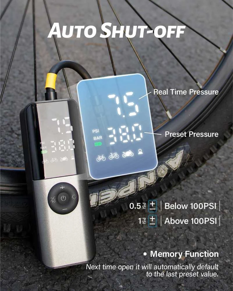GPUTEK elektrinė dviračio pompa su skaitmeniniu manometru, 150 psi, USB-C įkrovimas, BG01