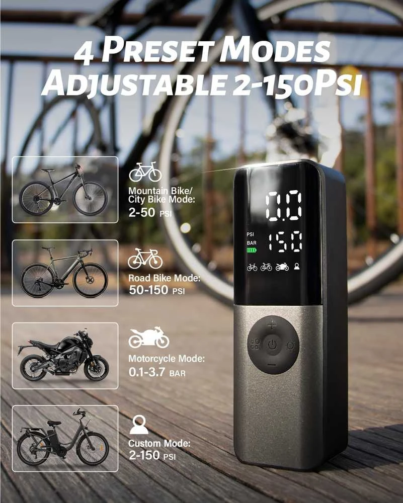 GPUTEK elektrinė dviračio pompa su skaitmeniniu manometru, 150 psi, USB-C įkrovimas, BG01