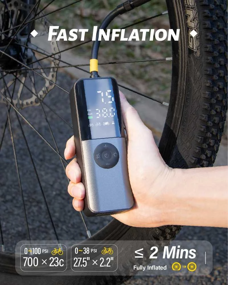 GPUTEK elektrinė dviračio pompa su skaitmeniniu manometru, 150 psi, USB-C įkrovimas, BG01