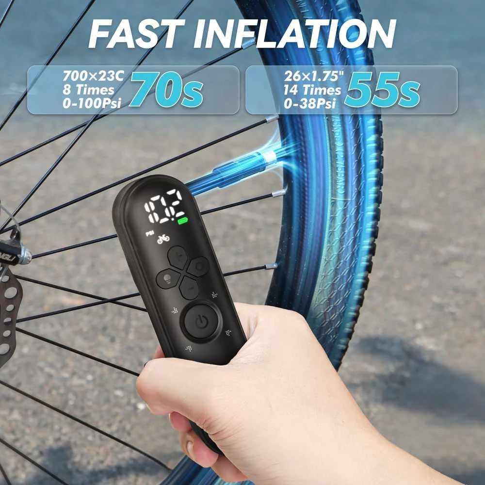 GPUTEK elektrinė dviračių pompa su manometru, 130 PSI, automatinis išsijungimas, LED šviesa, Presta ir Schrader vožtuvams, T05