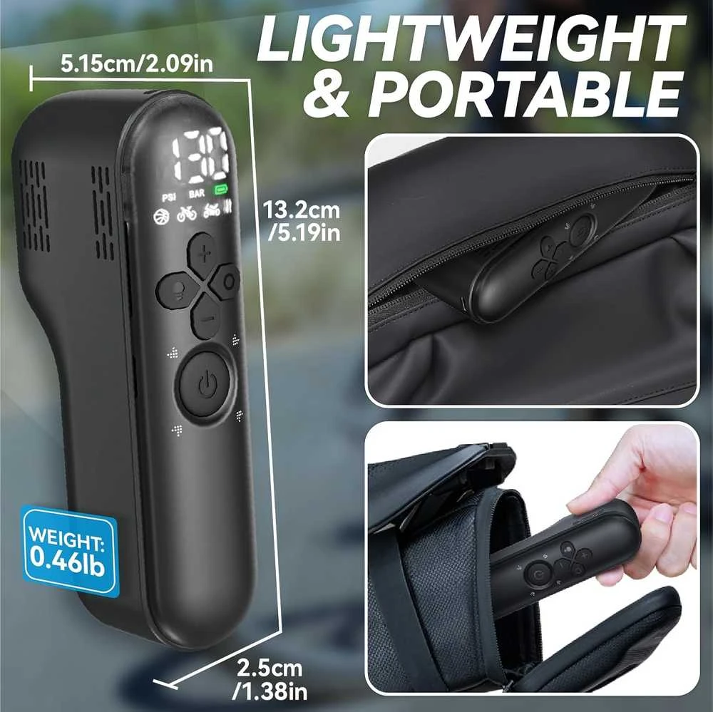 GPUTEK elektrinė dviračių pompa su manometru, 130 PSI, automatinis išsijungimas, LED šviesa, Presta ir Schrader vožtuvams, T05