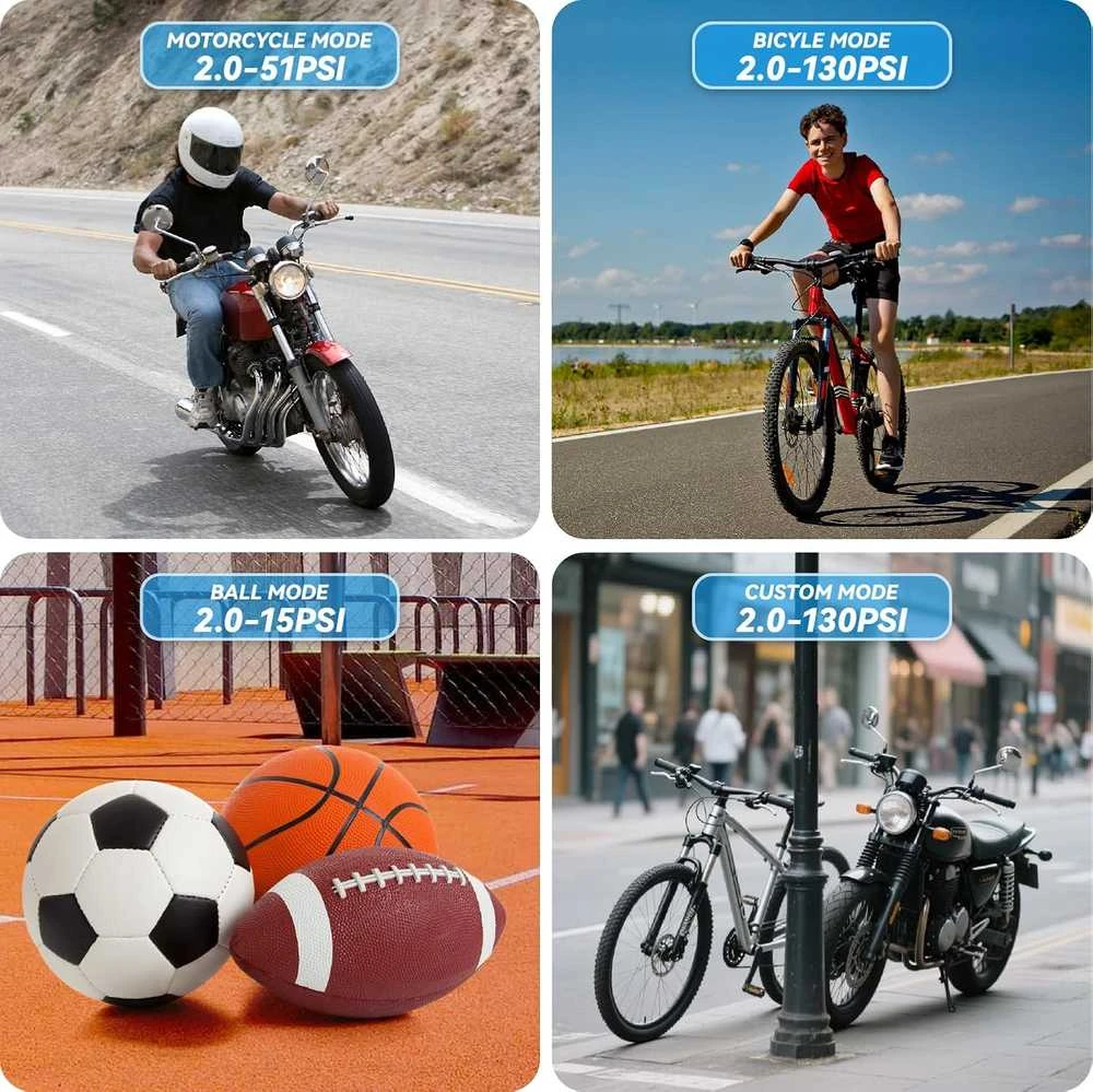 GPUTEK elektrinė dviračių pompa su manometru, 130 PSI, automatinis išsijungimas, LED šviesa, Presta ir Schrader vožtuvams, T05