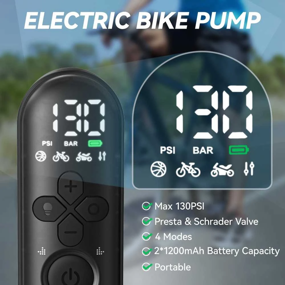 GPUTEK elektrinė dviračių pompa su manometru, 130 PSI, automatinis išsijungimas, LED šviesa, Presta ir Schrader vožtuvams, T05