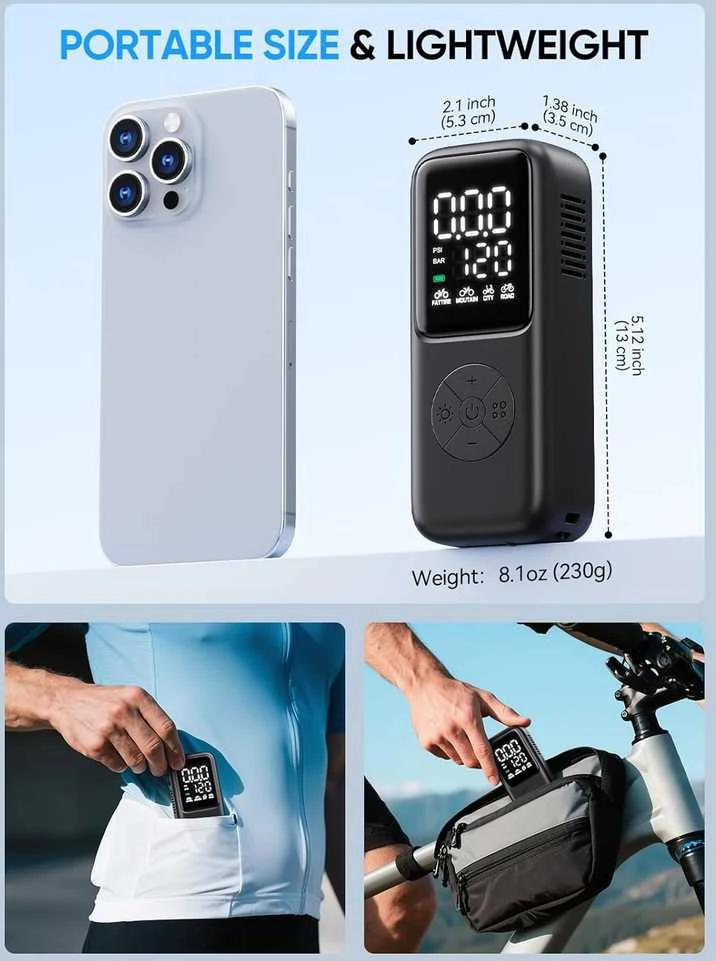 GPUTEK mini elektrinė dviračio pompa, 120 PSI, akumuliatorinė, Schrader ir Presta, BG-BL02