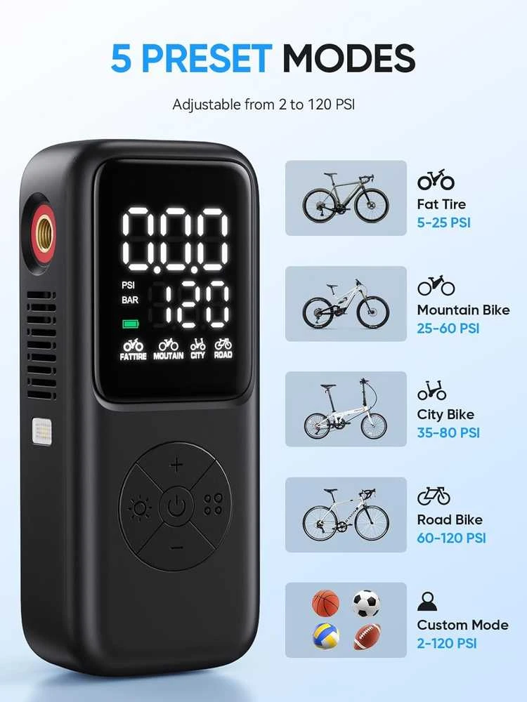 GPUTEK mini elektrinė dviračio pompa, 120 PSI, akumuliatorinė, Schrader ir Presta, BG-BL02