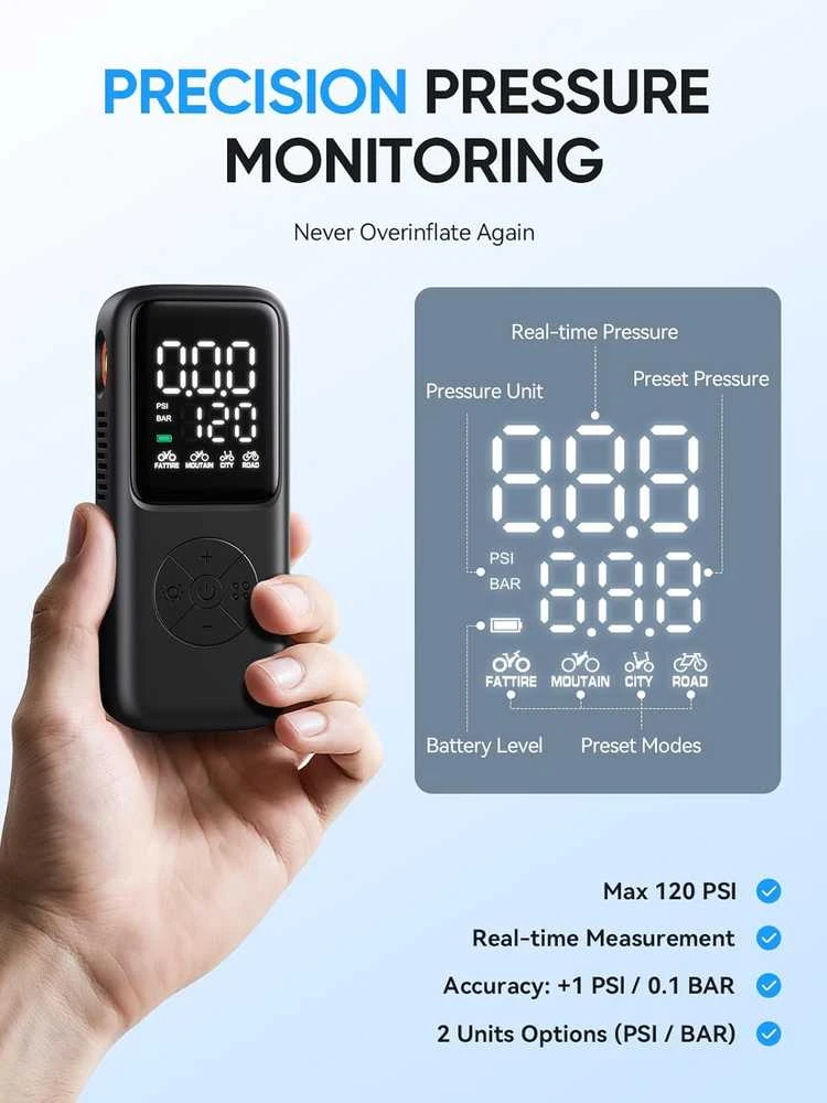 GPUTEK mini elektrinė dviračio pompa, 120 PSI, akumuliatorinė, Schrader ir Presta, BG-BL02