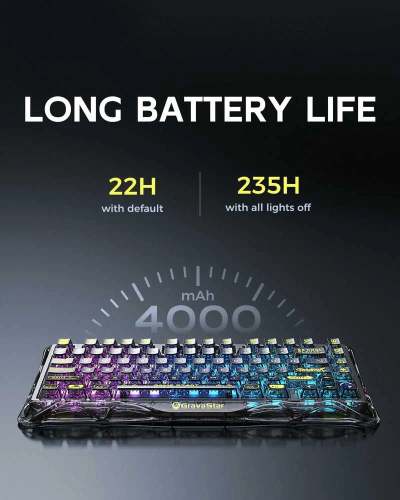 GravaStar Mercury K1 Lite belaidė 75% RGB mechaninė klaviatūra, juoda permatoma