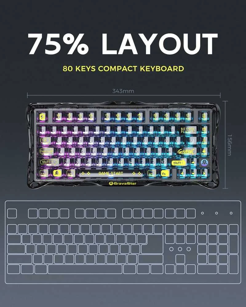 GravaStar Mercury K1 Lite belaidė 75% RGB mechaninė klaviatūra, juoda permatoma