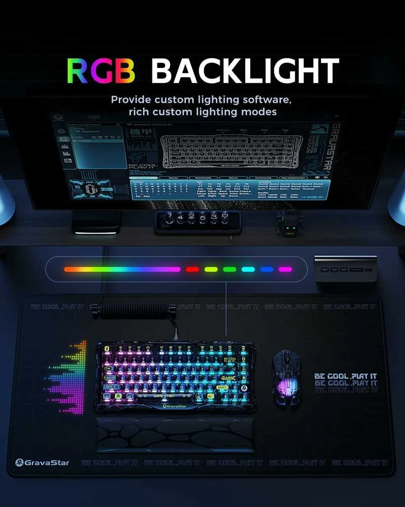 GravaStar Mercury K1 Lite belaidė 75% RGB mechaninė klaviatūra, juoda permatoma