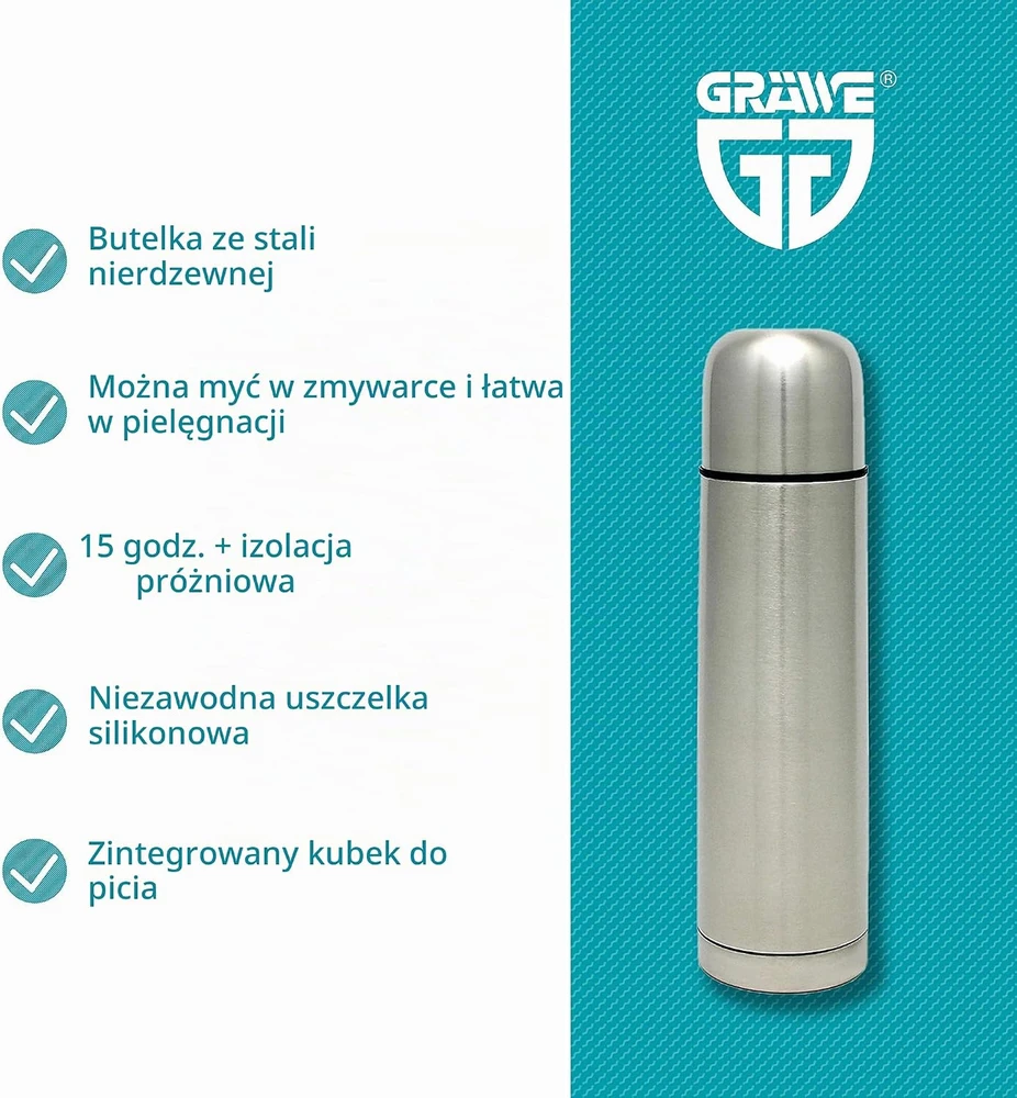 GRÄWE nerūdijančiojo plieno termosas 500 ml, sidabrinis, su puodeliu