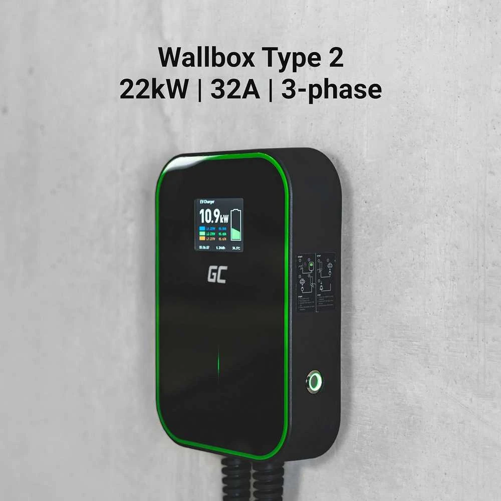 GREENCELL įkroviklis Wallbox GC EV PowerBox 22kW su 2 tipo laidu, skirtas elektromobiliams ir Plug-In hibridams įkrauti