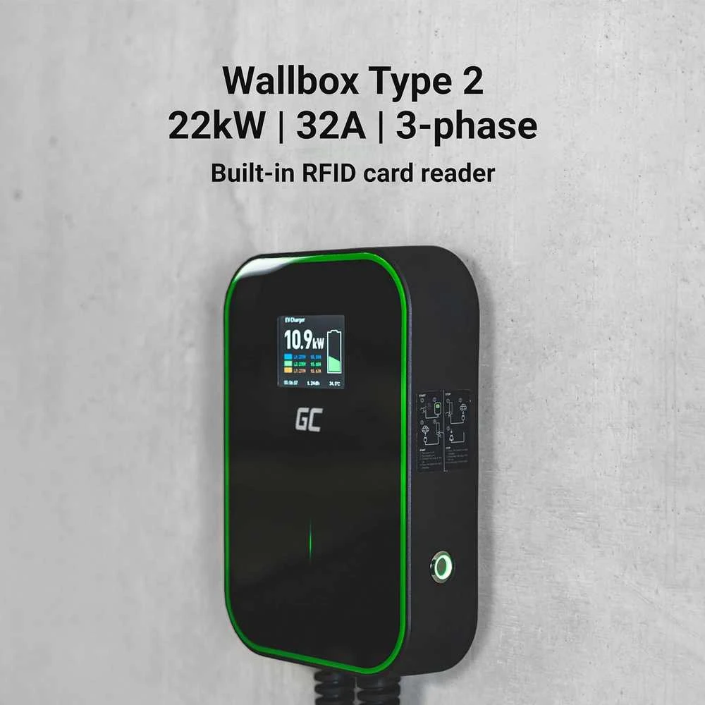 Wallbox Žalias Cell Žalias Cell EV Charger PowerBox 22kW įkroviklis su Type 2 lizdu ir RFID, skirtas elektromobiliams ir Plug-In hibridams įkrauti, 32 A