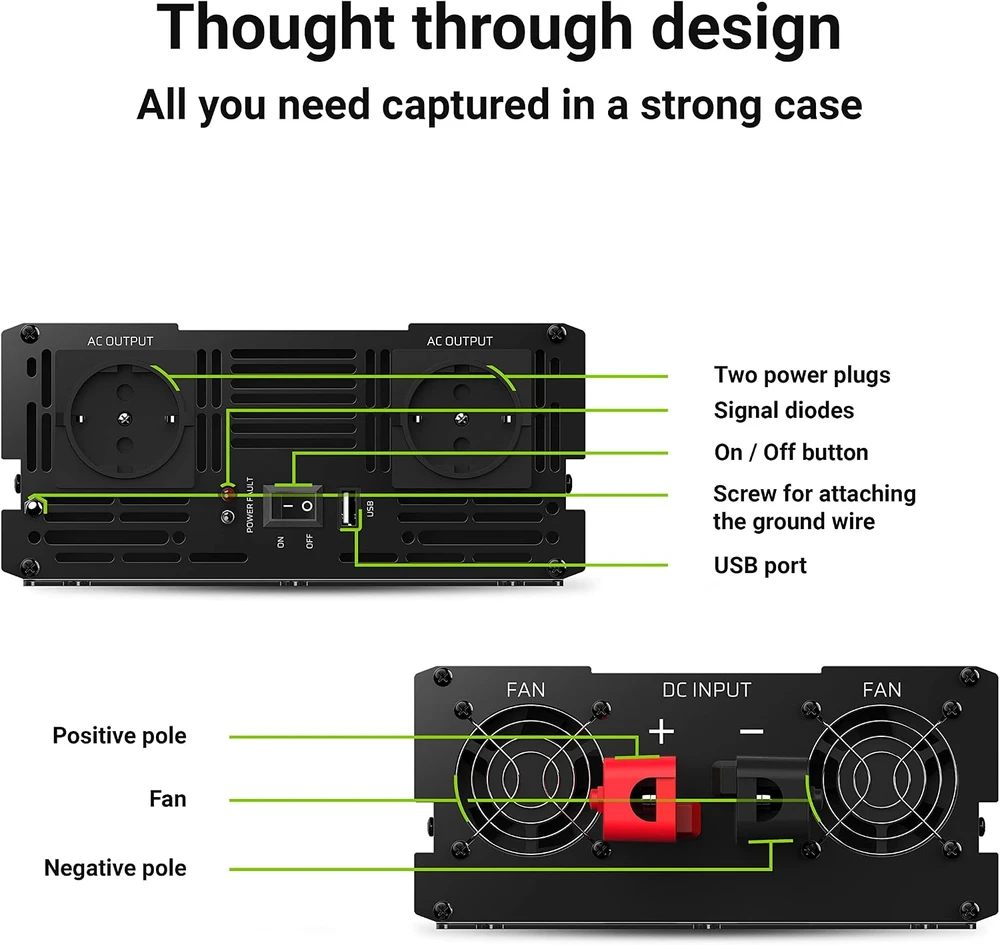 Inverteris 12V/230V 1500W/3000W sinusinė išėjimo įtampa Green Cell