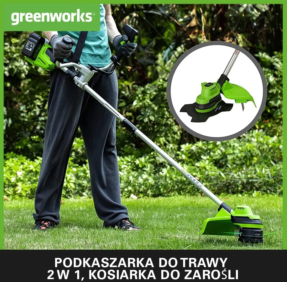 Greenworks akumuliatorinė krūmapjovė 48 V, 38 cm, su 2 x 24 V 4 Ah akumuliatoriais 2107807UD
