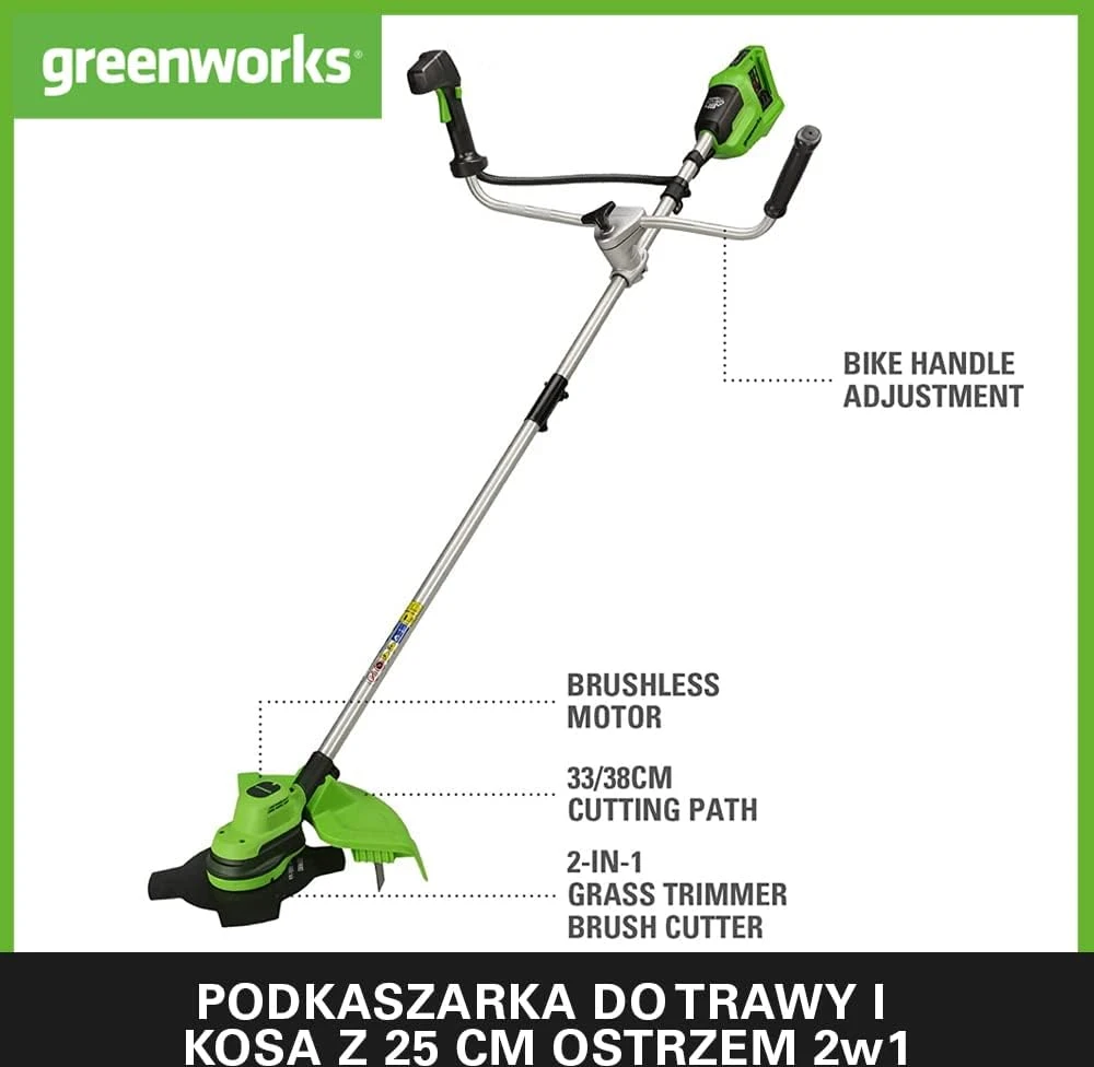 Greenworks akumuliatorinė krūmapjovė 48 V, 38 cm, su 2 x 24 V 4 Ah akumuliatoriais 2107807UD