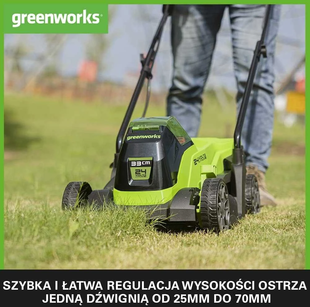 Greenworks akumuliatorinė vejapjovė 24V 2Ah, 33 cm pjovimo plotis, 30 l talpa, bešepetėlinis variklis, modelis 2516107UA