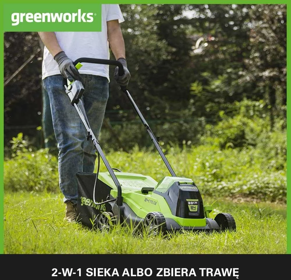 Greenworks akumuliatorinė vejapjovė 24V 2Ah, 33 cm pjovimo plotis, 30 l talpa, bešepetėlinis variklis, modelis 2516107UA