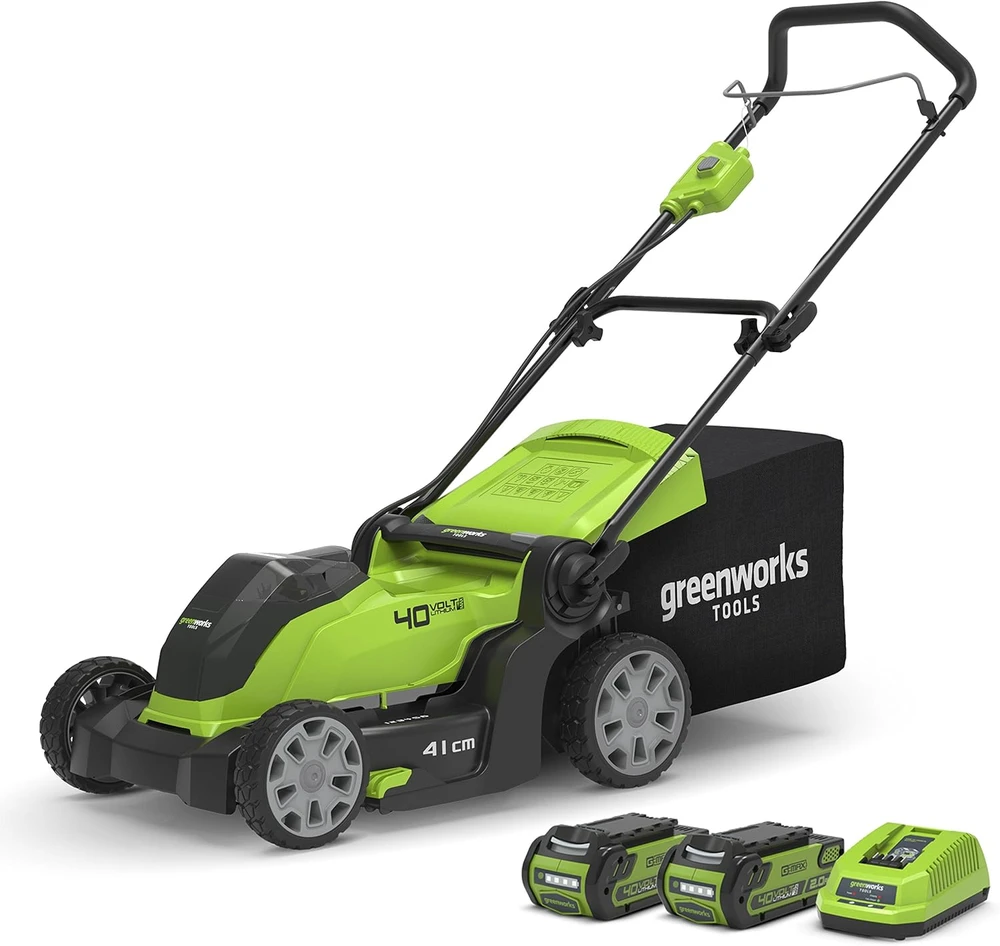 Greenworks akumuliatorinė vejapjovė 41 cm su 2 × 40 V 2 Ah akumuliatoriais G40LM41K2XF