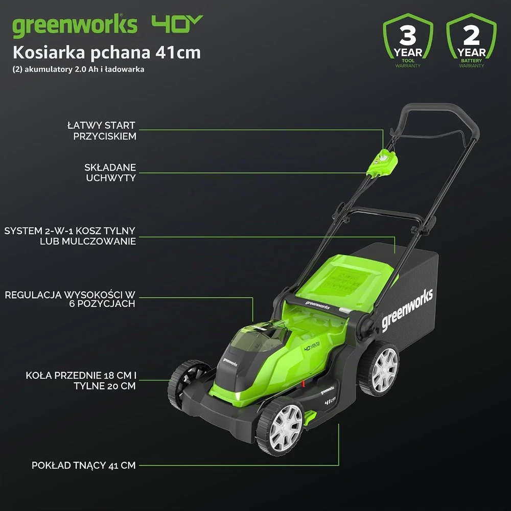 Greenworks akumuliatorinė vejapjovė 41 cm su 2 × 40 V 2 Ah akumuliatoriais G40LM41K2XF