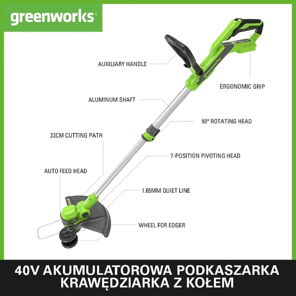 Žoliapjovė - trimeris Greenworks G40LT33; 40 V (be akumuliatoriaus ir pakrovėjo)