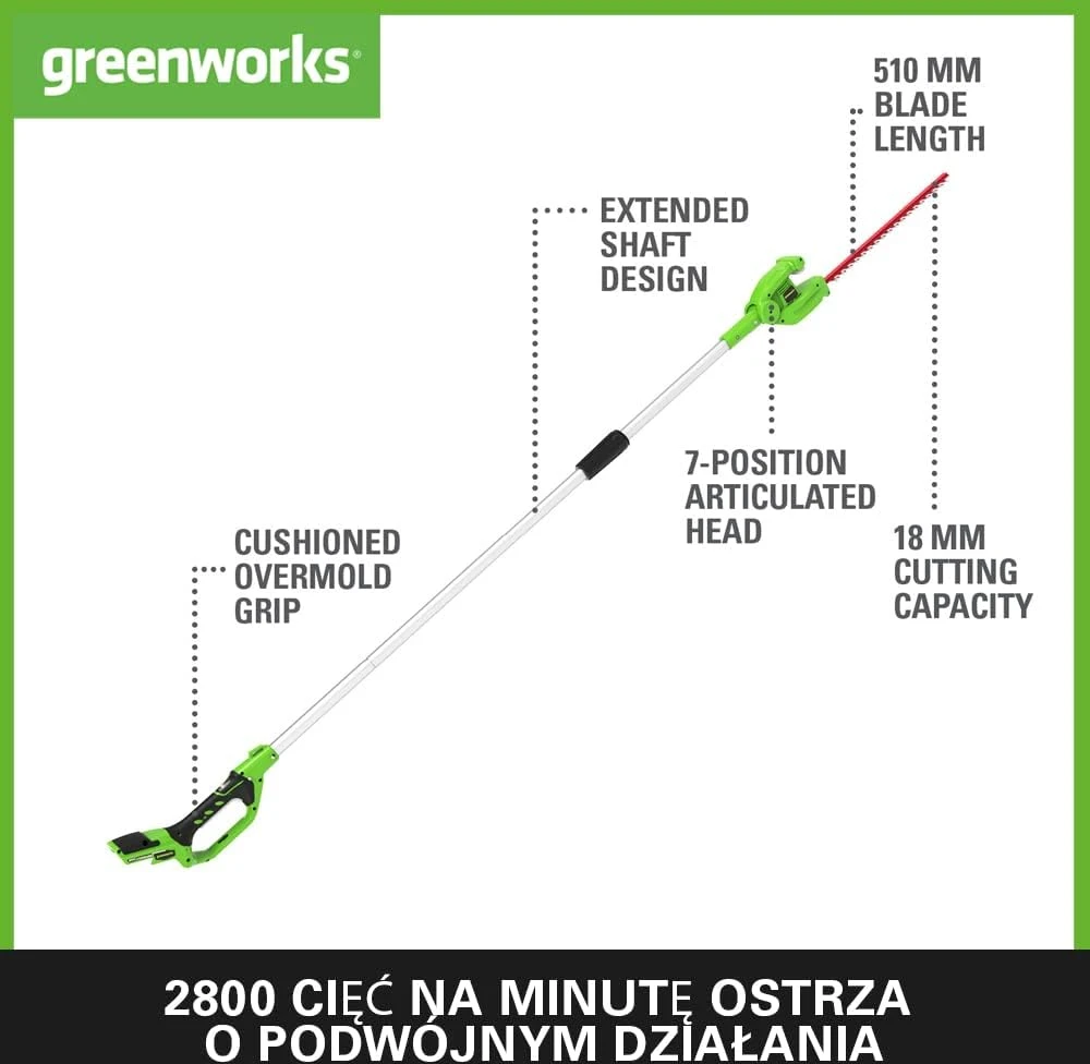 Greenworks akumuliatorinės gyvatvorių žirklės su sulankstomu kotu 51 cm 24 V G24PH51K2