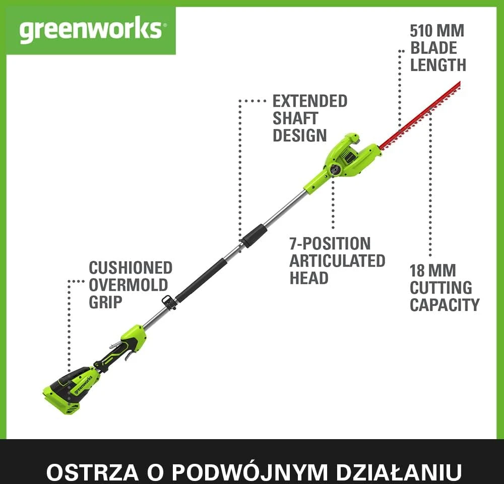 Teleskopinės gyvatvorių žirklės Greenworks G40PHAK2; 40 V; 1x2,0 Ah; 51 cm ilgio; akumuliatorinės