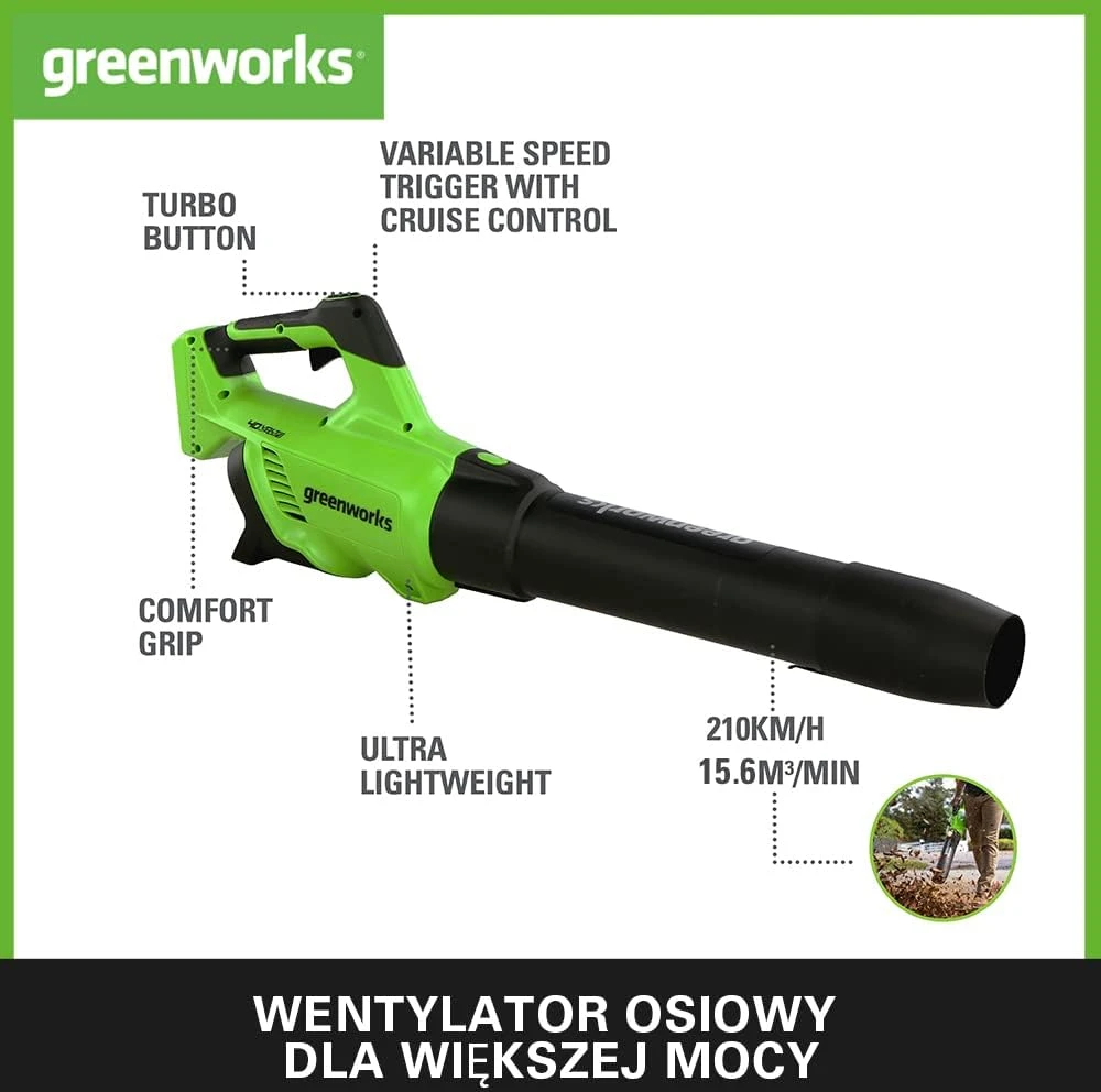 Akumuliatorinis lapų pūstuvas Greenworks GD40ABIIK2X; 40 V; 2x2,0 Ah akum.