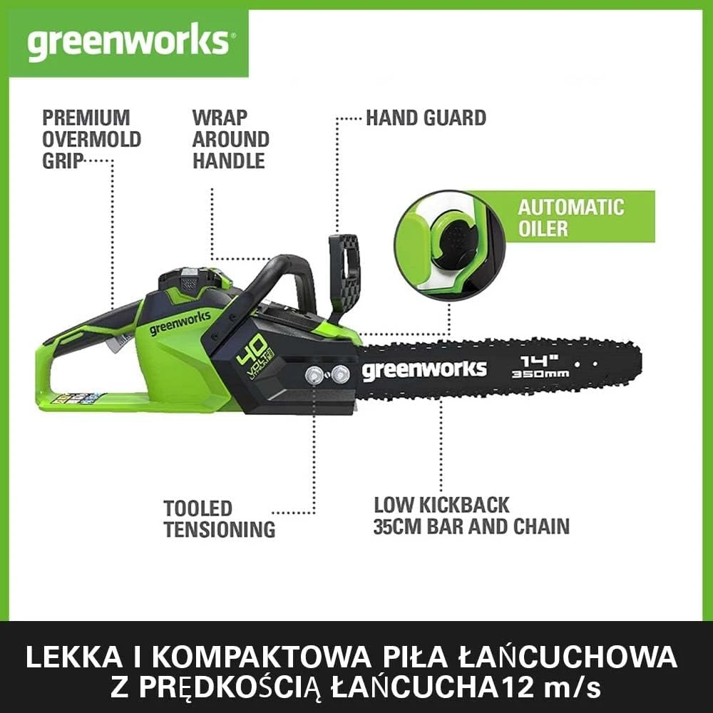Greenworks akumuliatorinis grandininis pjūklas 35 cm, 40 V, 2 x 2 Ah, 2005707UC