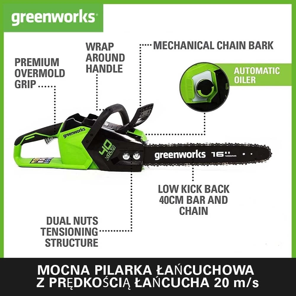 Greenworks akumuliatorinis grandininis pjūklas 40 cm, 40 V, GD40CS18K2x
