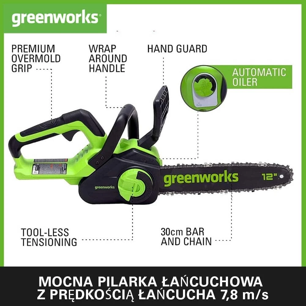 Greenworks GD24CS30K4 grandininis pjūklas 24 V su 30 cm ilgio juosta (su 4Ah akumuliatoriumi ir krovikliu)
