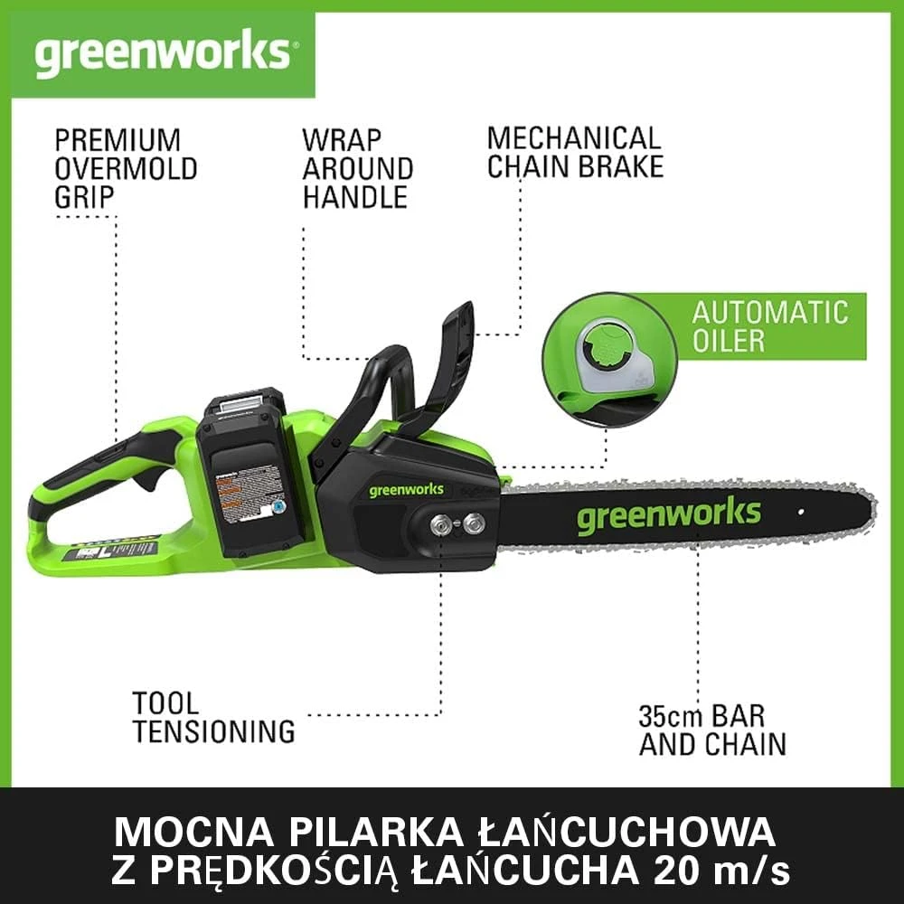 Grandininis pjūklas Greenworks GD24X2CS36K4x; 2x24 V; 2x4,0 Ah; 36 cm juosta