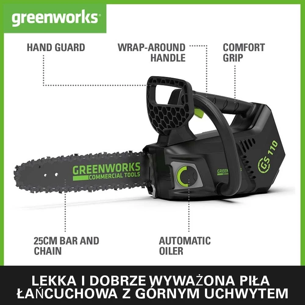 Grandininis pjūklas Greenworks GD40TCSK2; 40 V; 1x2,0 Ah; 25 cm juosta