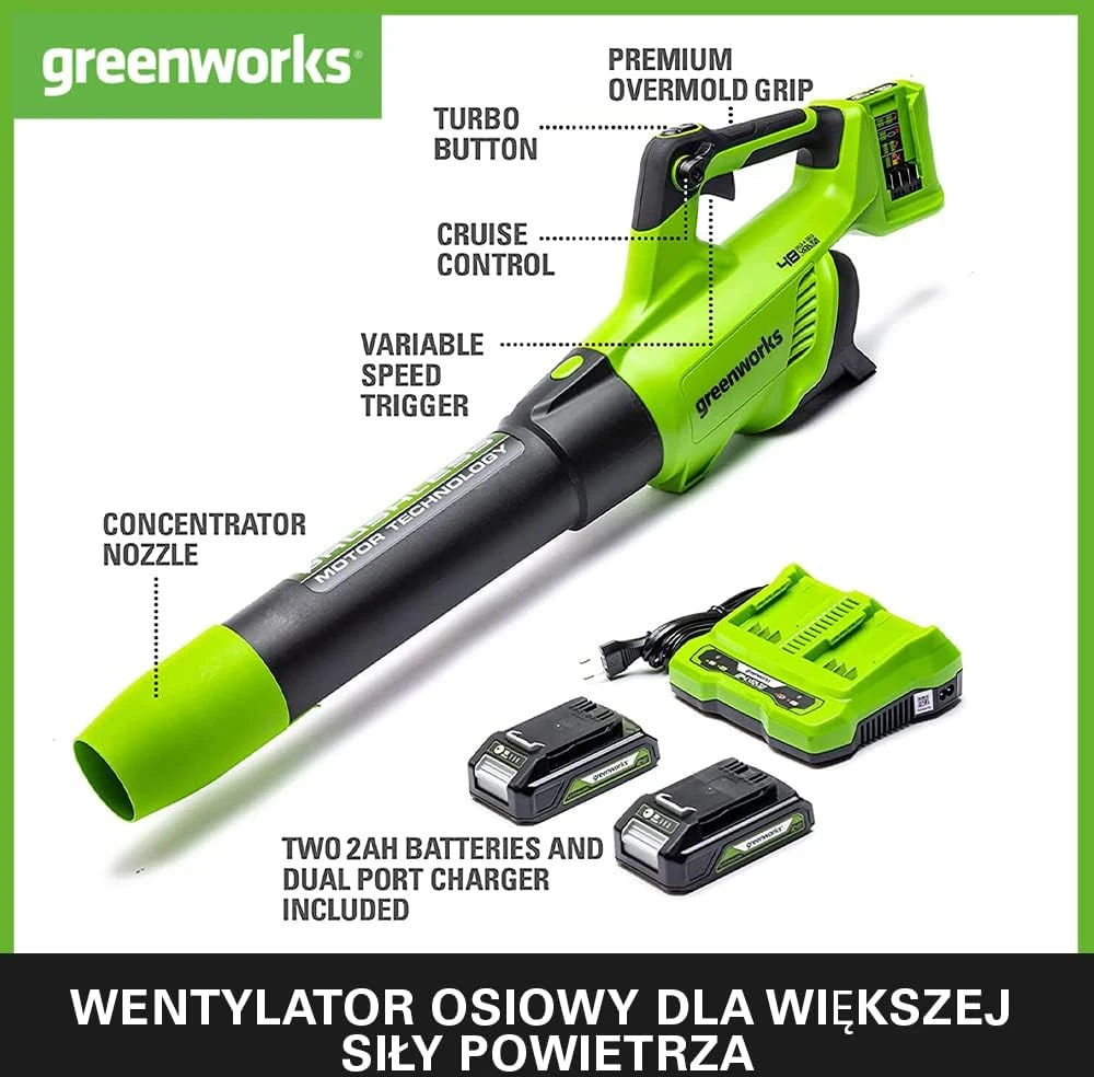 Greenworks akumuliatorinis lapų pūstuvas 217 km/h su 2 x 24 V 2 Ah akumuliatoriais, 01-0002405007UC