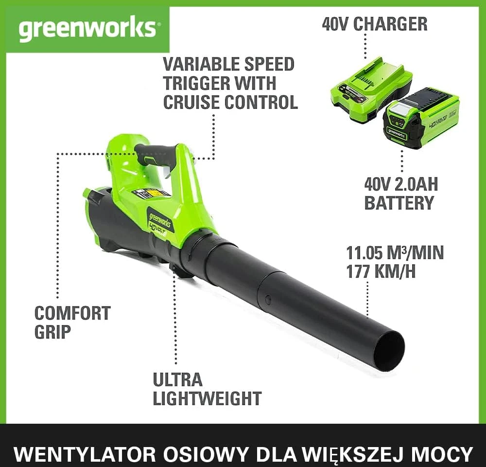 Greenworks akumuliatorinis lapų pūstuvas 40 V, 177 km/h, 11.05 m³/min, G40ABK2