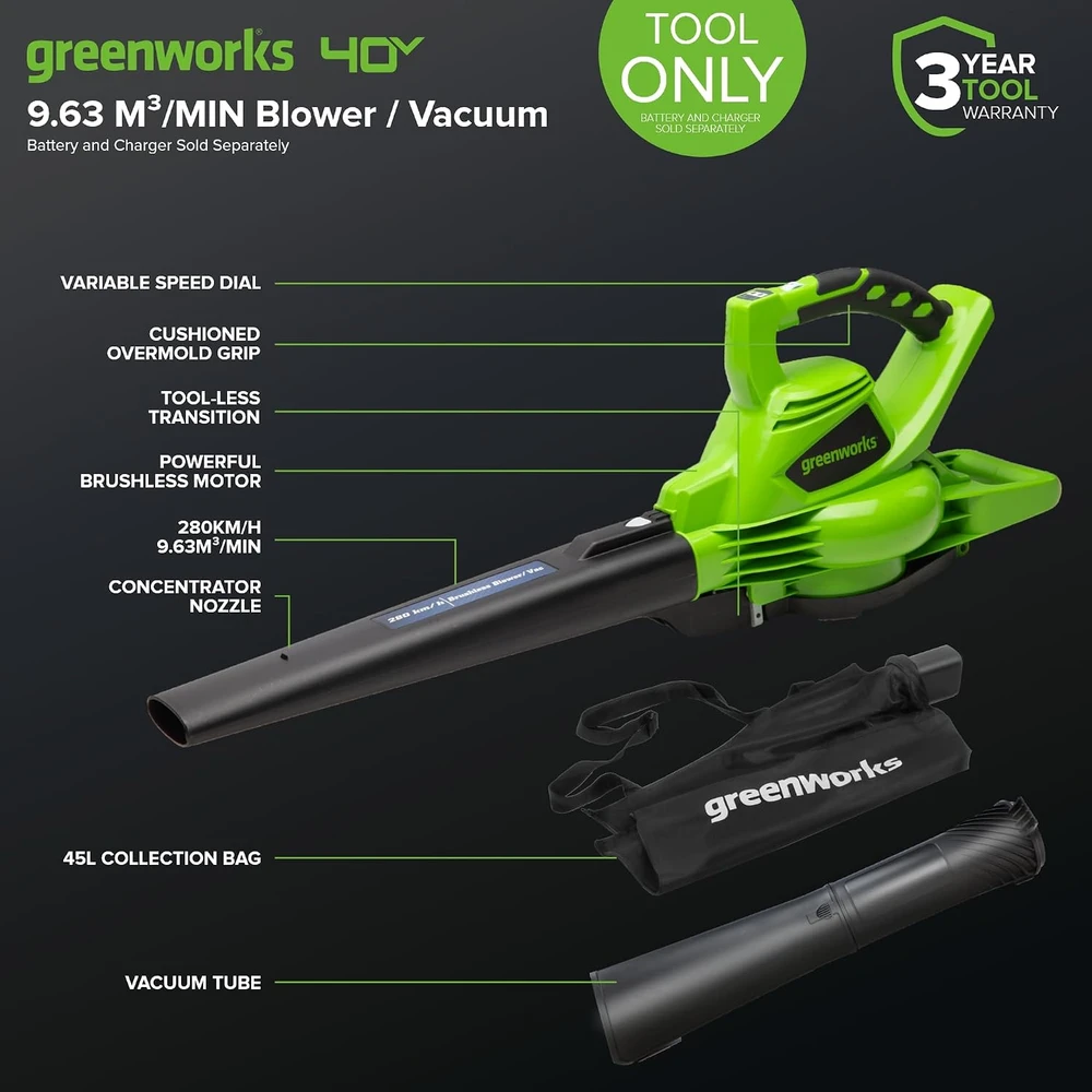 Greenworks GD40BV Lapų pūstuvas / siurblys 40V, be akumuliatoriaus ir kroviklio
