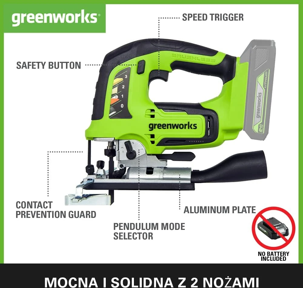 Akumuliatorinis siaurapjūklis Greenworks GD24JS; 24 V (be akumuliatoriaus ir pakrovėjo)
