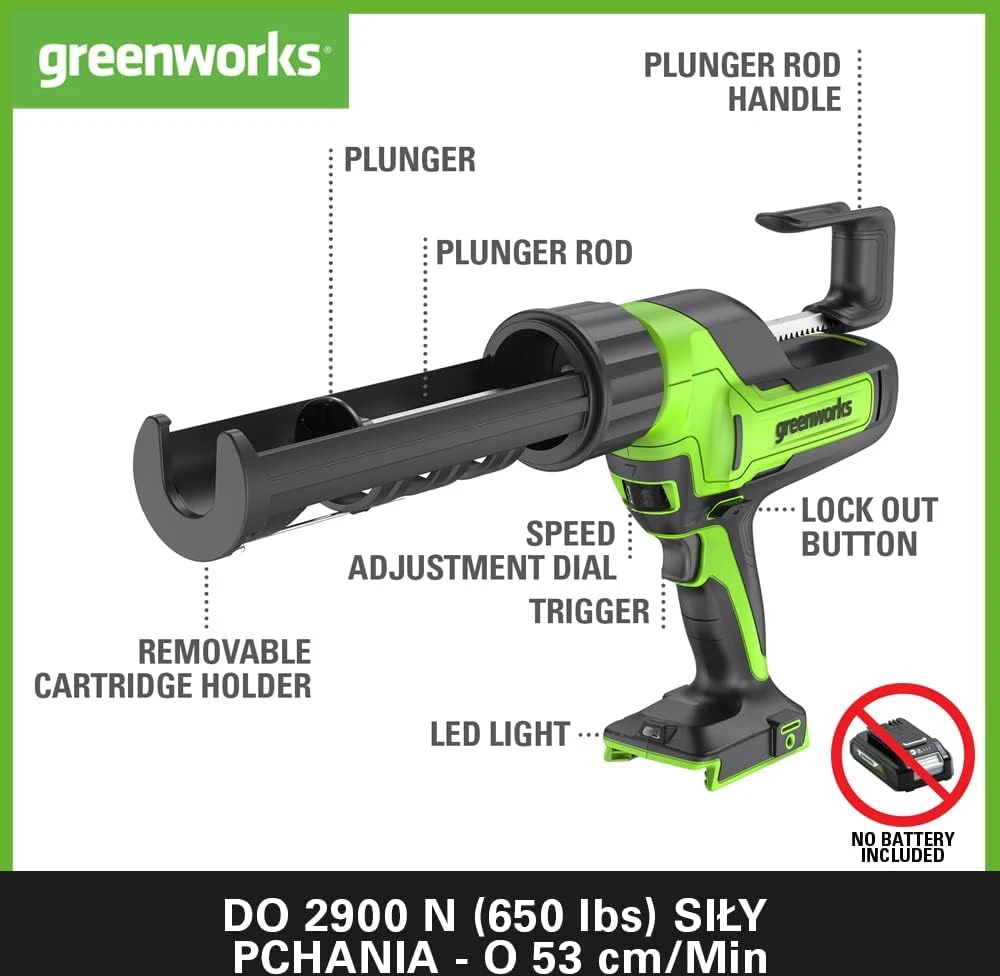 Greenworks akumuliatorinis silikono pistoletas 24 V, 2900 N, 6 greičių, 3501707