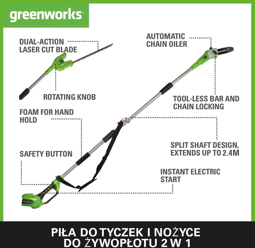 Greenworks akumuliatorinis teleskopinis pjūklas ir gyvatvorių žirklės 2 viename 40 V 1300607UA