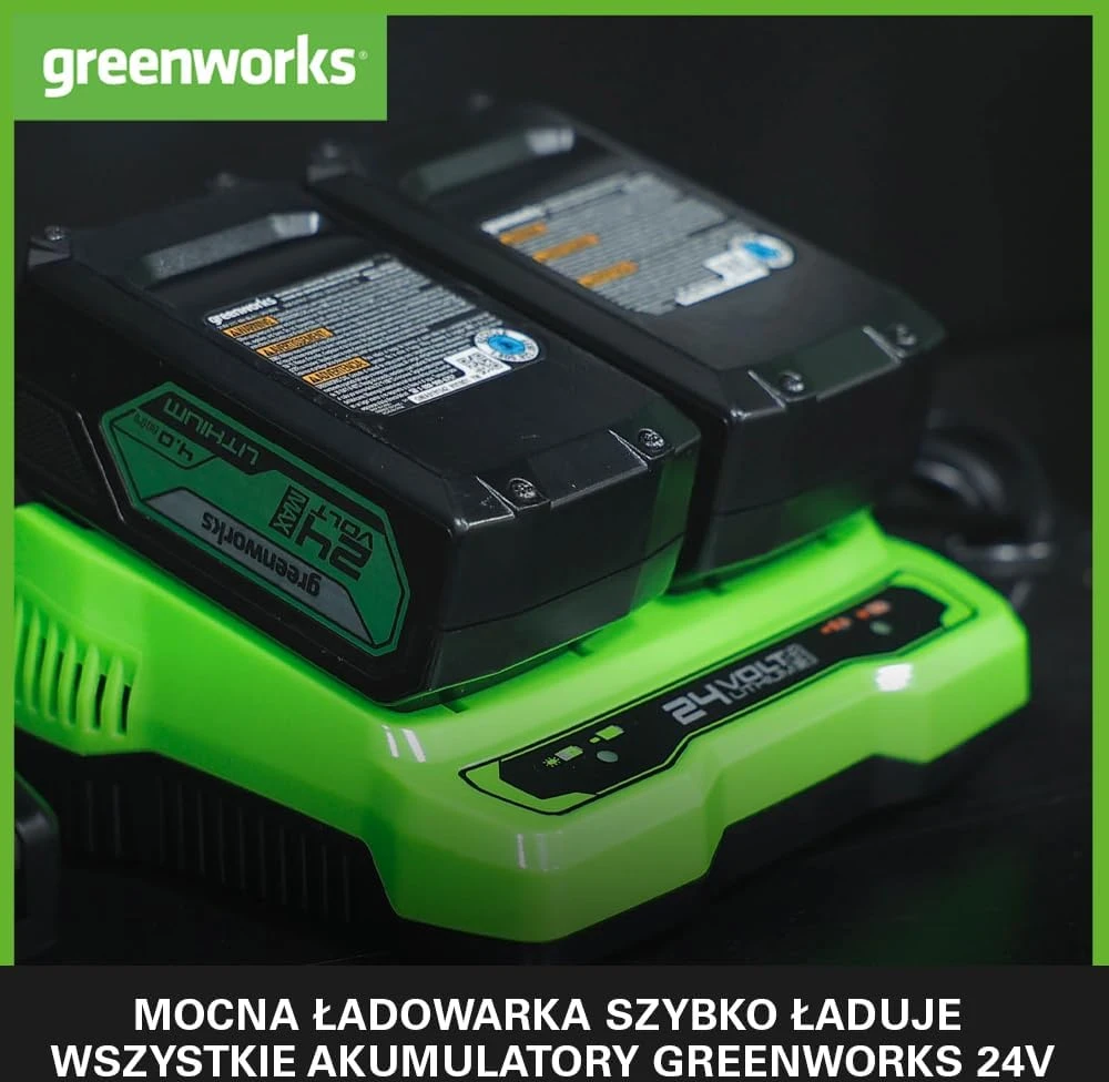 Greenworks akumuliatorių ir dviejų lizdų įkroviklio rinkinys 24 V 2 Ah GSK24B2X