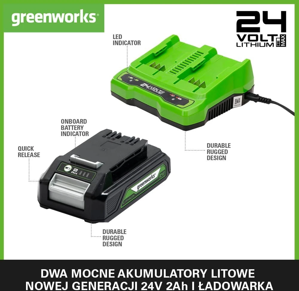 Greenworks akumuliatorių ir dviejų lizdų įkroviklio rinkinys 24 V 2 Ah GSK24B2X