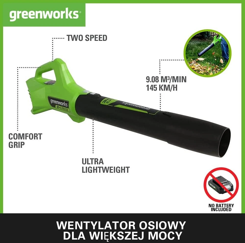 Akumuliatorinis lapų pūstuvas Greenworks G24AB; 24 V (be akumuliatoriaus ir pakrovėjo)